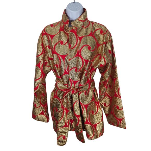 VTG 70's Fernando Sanchez Short Robe Evening Blazer Gold Metallic Red Ribbed Tie - Picture 2 of 12